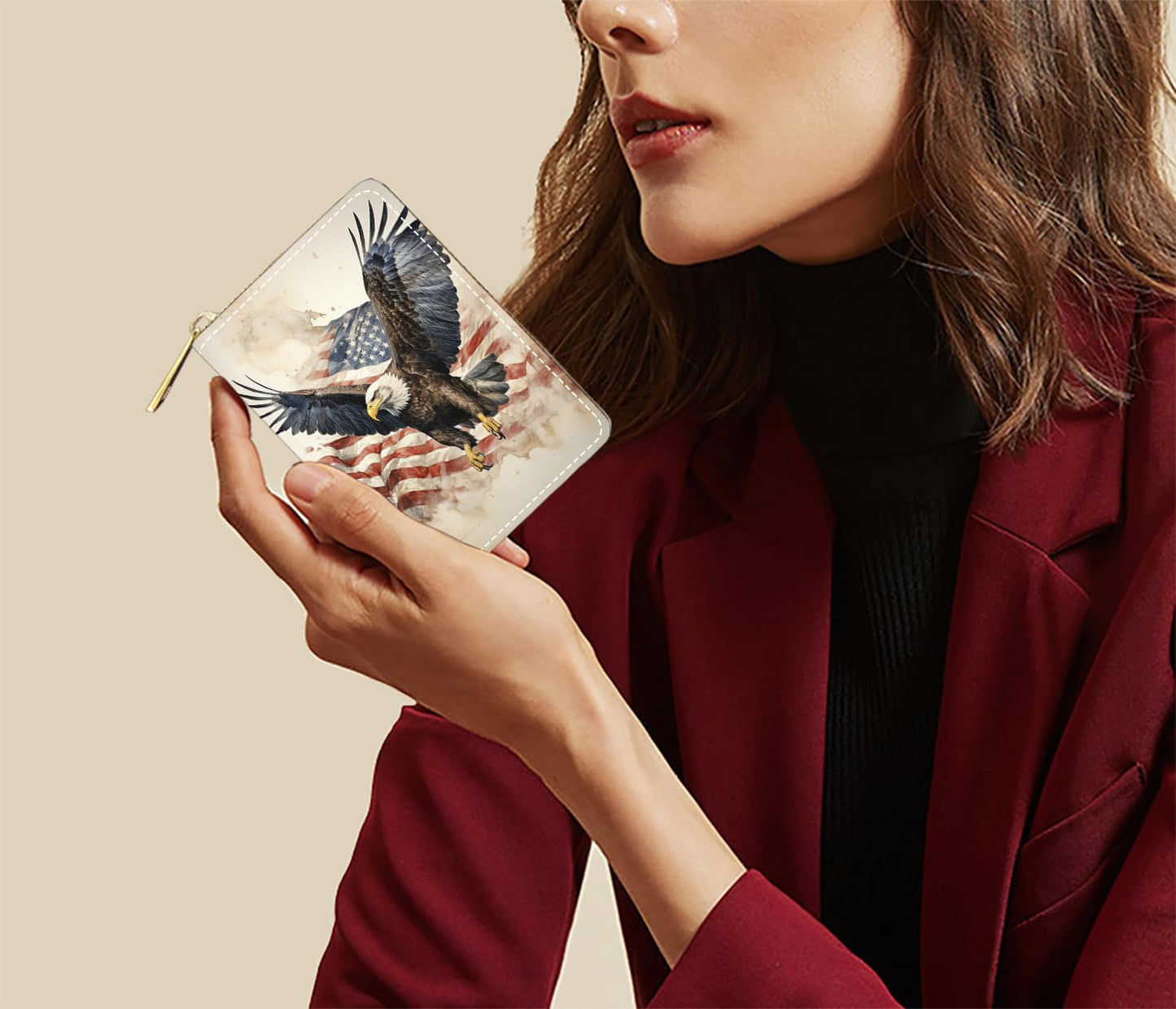 WEUIUJKILO Credit Card Holder Wallets for Women, Patriotic American Flag Bald Eagle Design RFID Blocking Small Leather Card Case Wallet with Zipper Accordion Wallets
