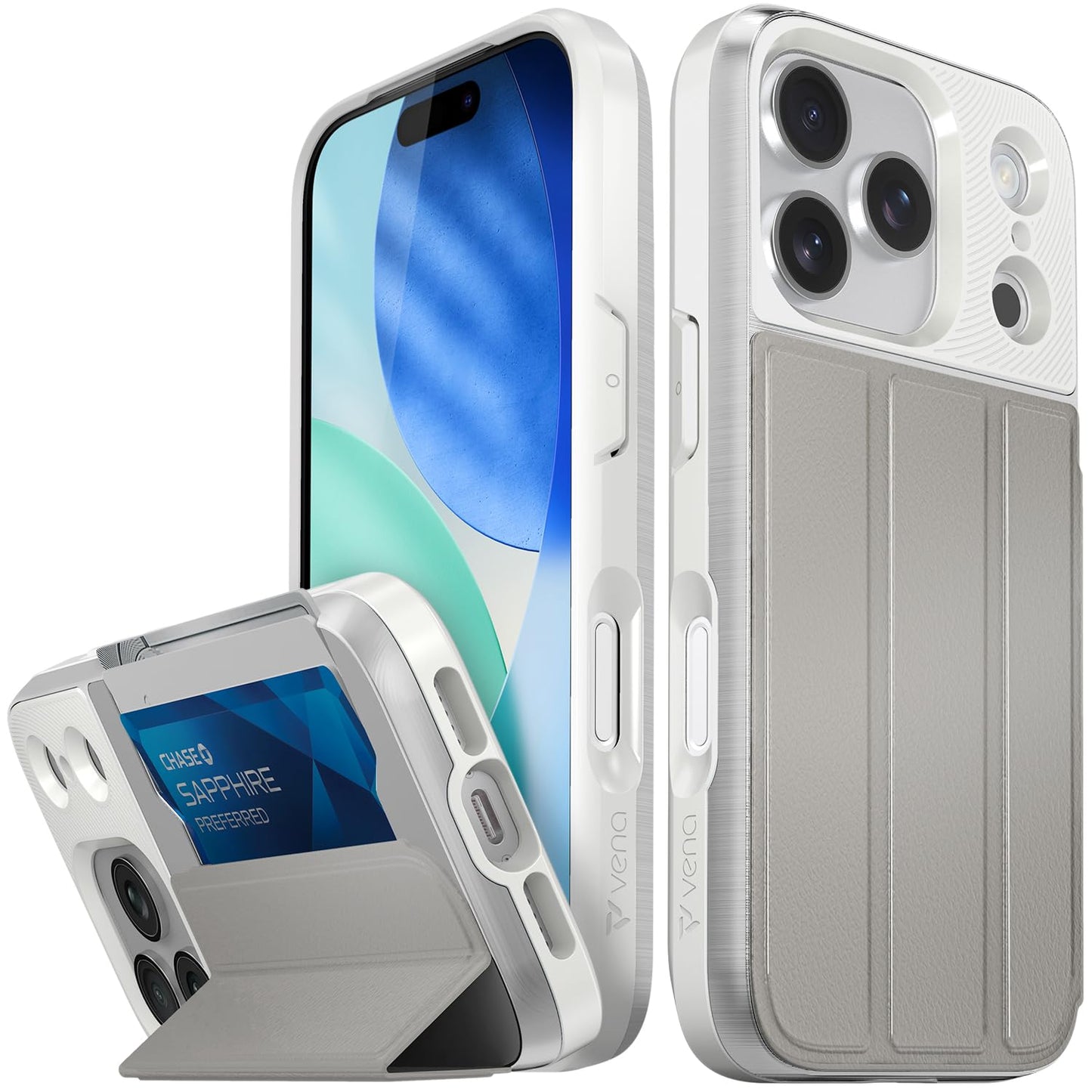 VENA vCommute for iPhone 17 Pro Wallet Case, [Military Grade Drop Protection] Flip Leather Cover Slot Card Holder with Kickstand - Nude Beige