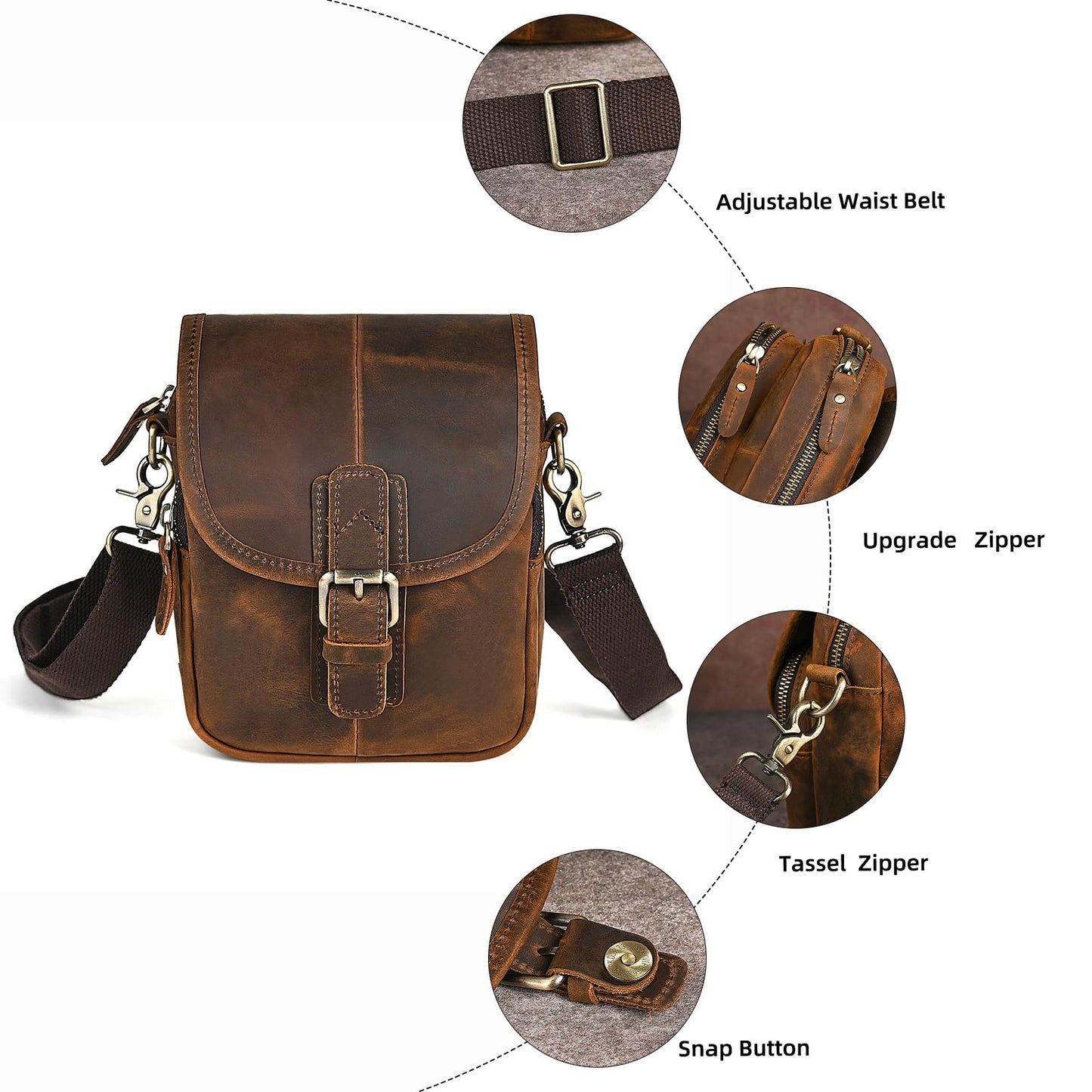 Handadsume Water Resistant Canvas + Leather Hiking Riding Travel Fanny Waist Pack Small Phone Pouch For Men Women FB811-29 (100% Leather- Coffee)