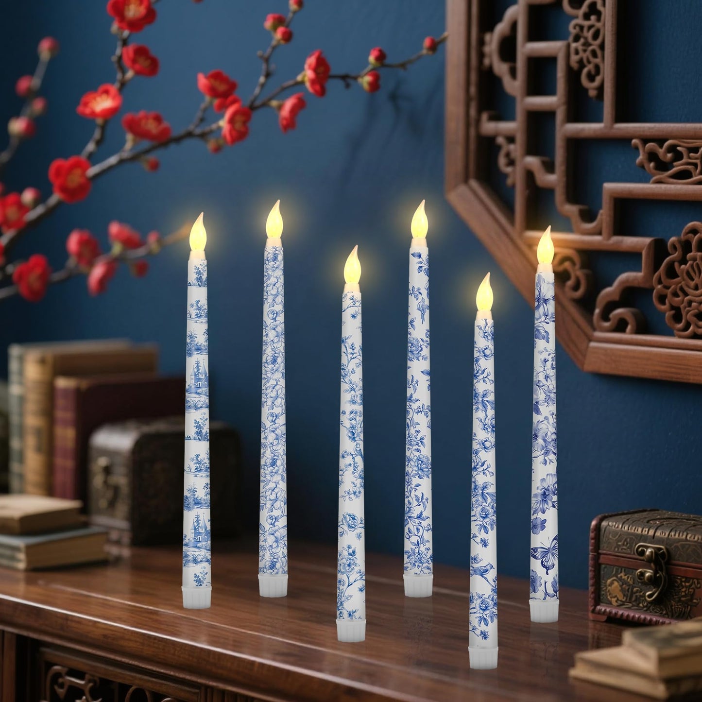 Kuabiz 6 Pcs Chinoiserie Flameless Candles 10.8 Inch Floral Taper Candles Blue and White Battery Operated Candle Decor for Wedding Table Centerpiece Garden Home Party Decor Supplies