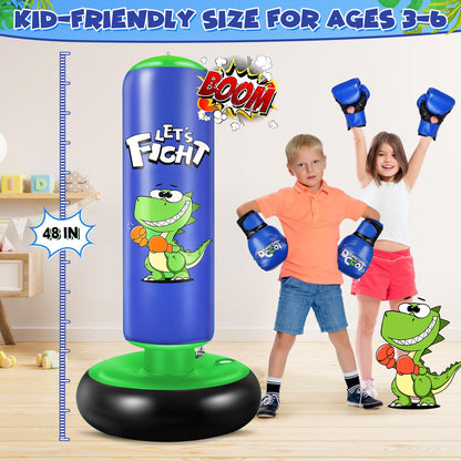 Inflatable Punching Bag, 48" Inflatable Boxing Bag for Kids with Boxing Gloves for 3-8 Kids, Stable Boxing Set for Practicing Karate, Taekwondo,Dinosaur Toy & Gifts for Boys (Blue)