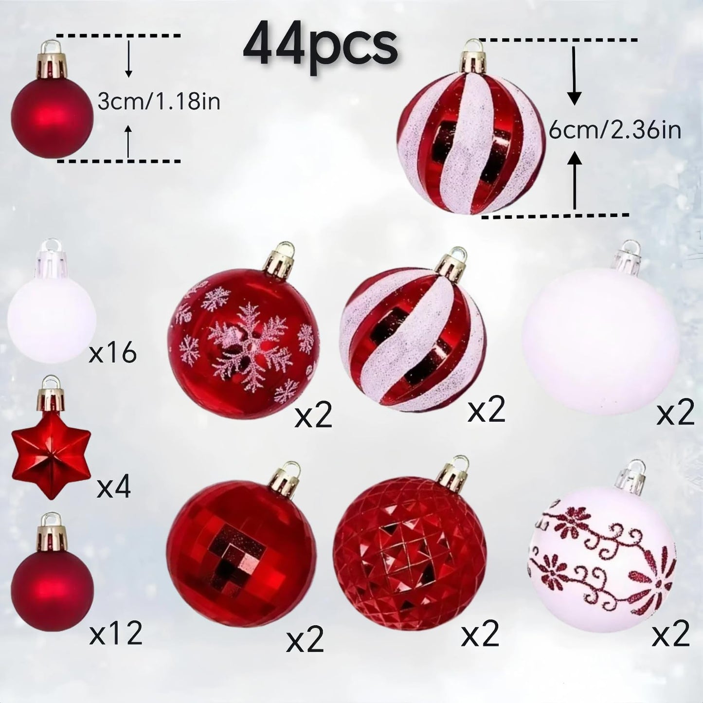 Zhticisic 44Pcs Plastic Christmas Tree Decorations Set,Shatterproof Hanging Xmas Ball Decorations for Holiday Decor(Red White)