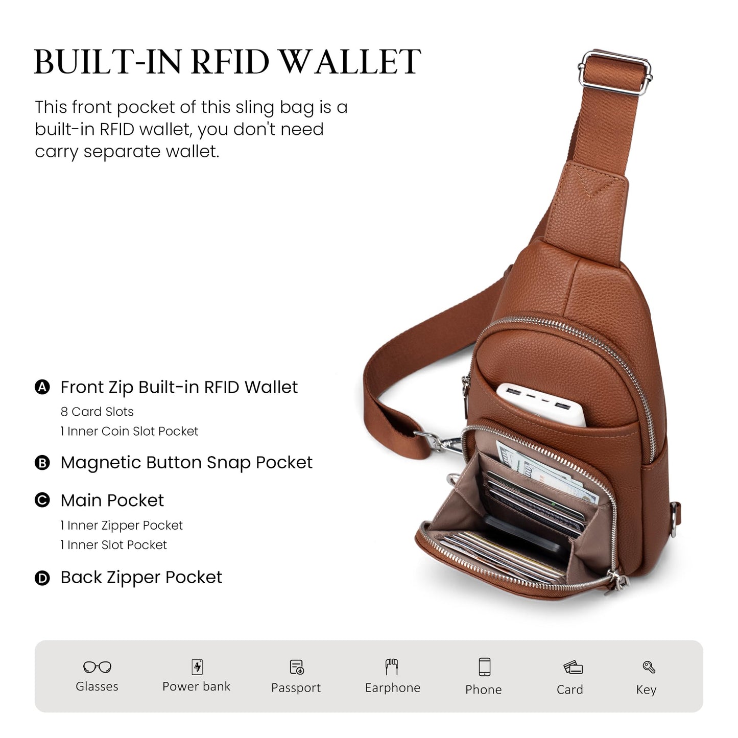 befen Real Leather Small Sling Bags for Women, Womens Anti-Theft Crossbody Bag Purses Chest Bags Purse with Built in RFID Wallet for Travel Cognac Brown