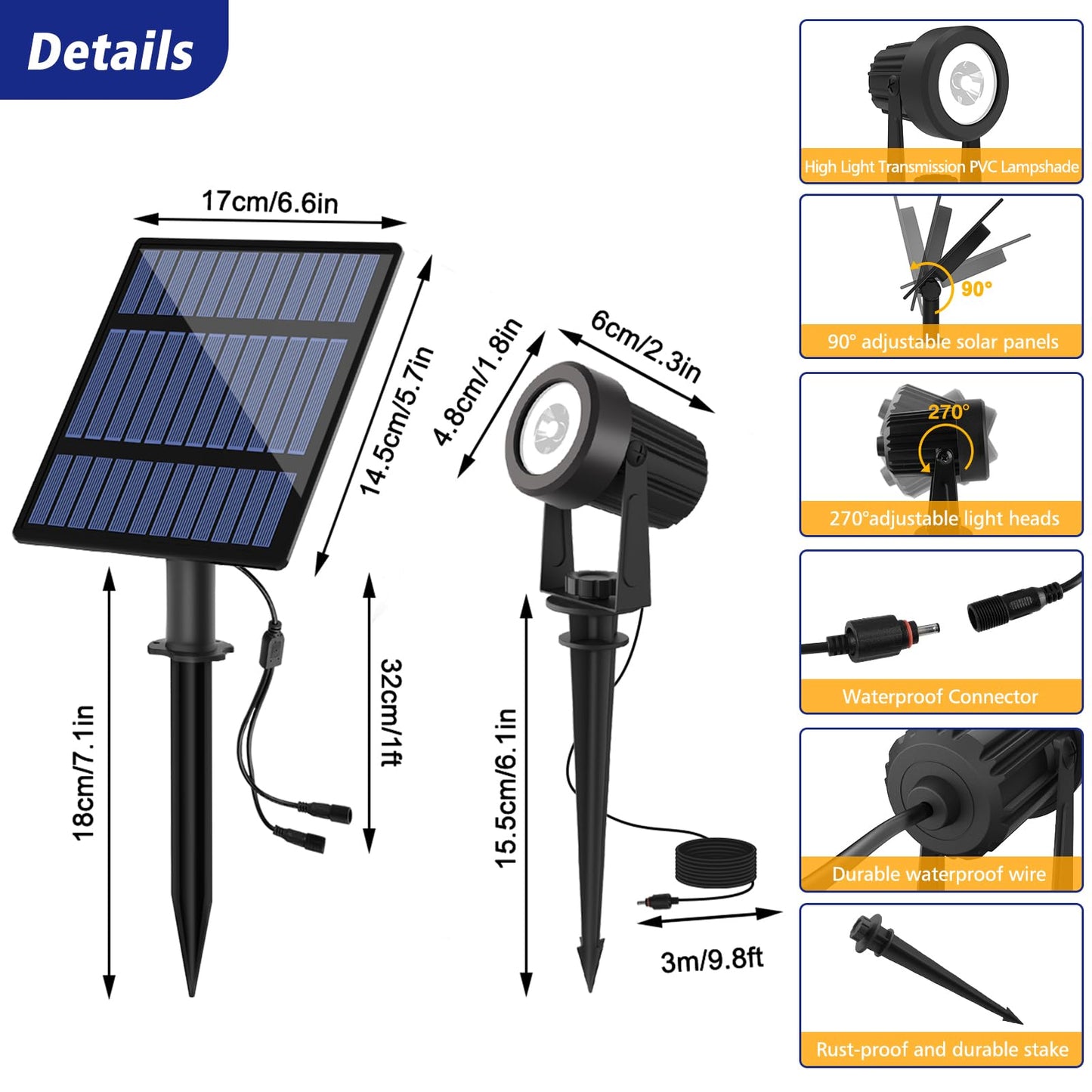 T-SUNUS RGB Solar Spot Lights Christmas Outdoor 6-in-1, Color Changing Landscape Spotlights Pond Lighting Waterproof IP65 9.8ft Cable for Tree Patio Pathway Yard Garden Wall Flag Halloween Holiday