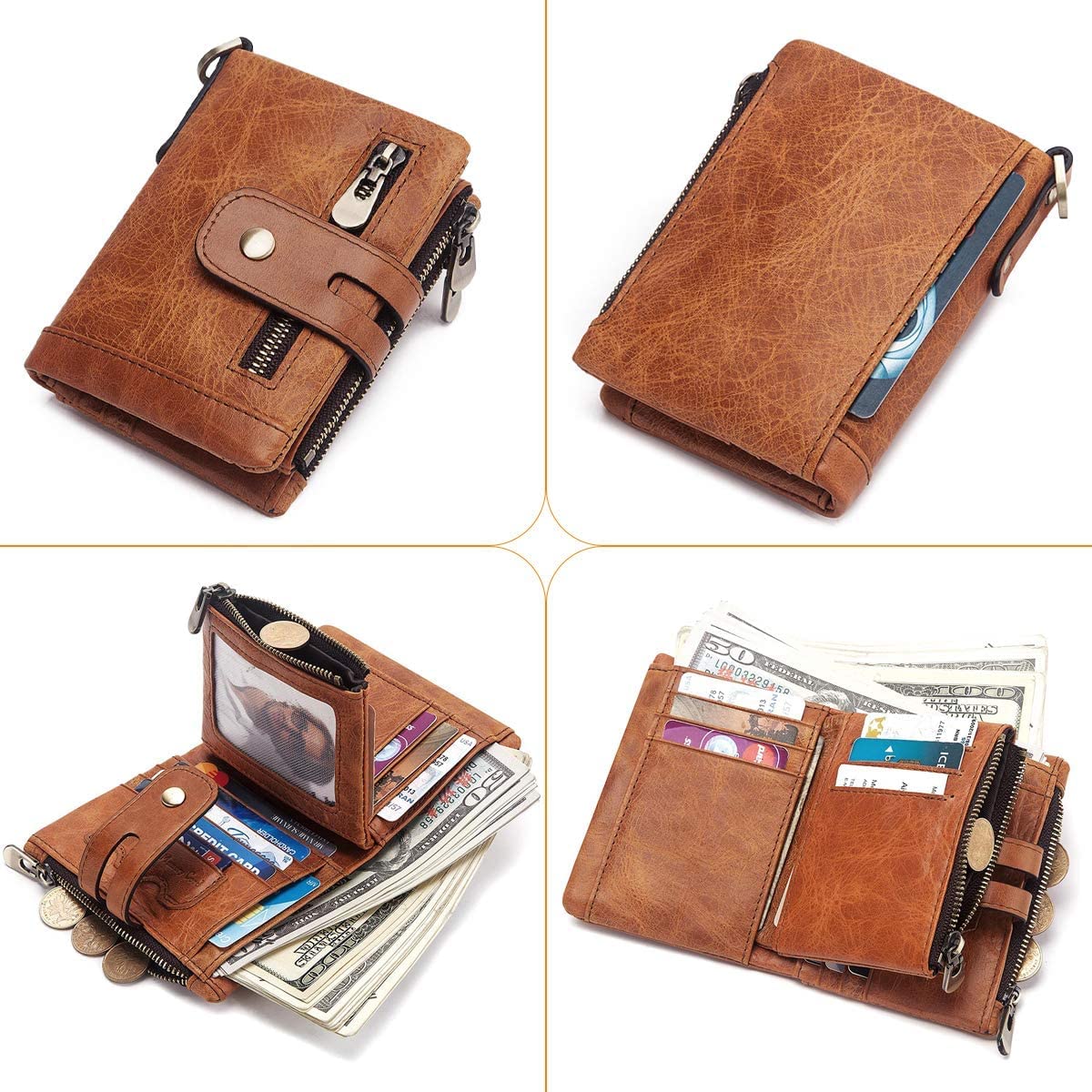 gzcz Mens Wallet with Chain RFID Blocking Genuine Leather Bifold Purse for Men ID Window and Zip Coin Pocket (Brown)