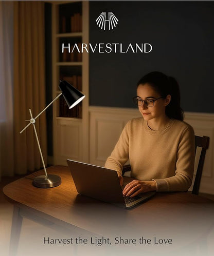 HarvestLand HaloBar Reading Lamp – Black and Brass Desk Lamp, for Home Office, Industrial Table lamp with Solid Base for Study and Reading, Bedside Table and Architect Desk Lamp
