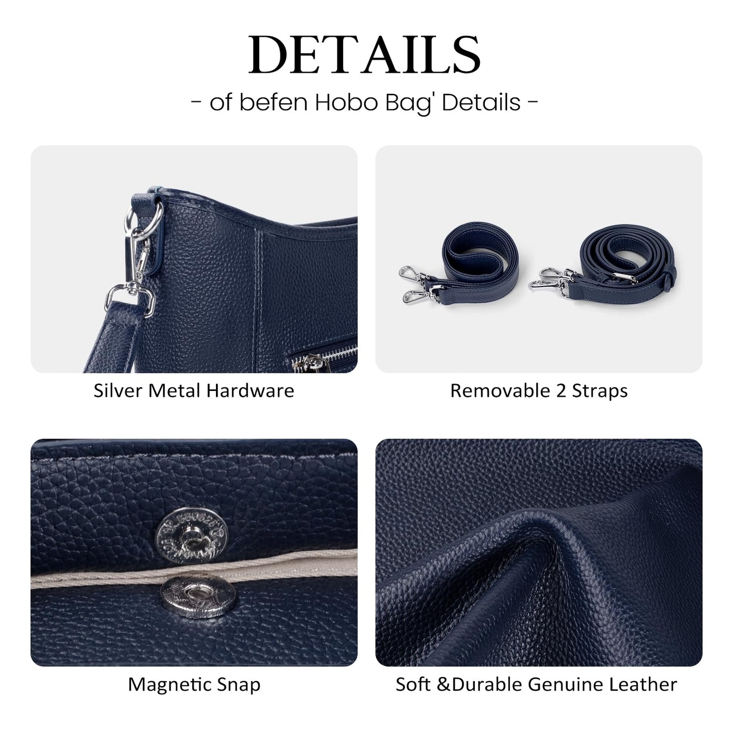 befen Genuine Leather Crossbody Bag for Women, Navy Blue Purses Soft Real Leather Hobo Bag with 2 Detachable Straps Designer Large Crossbody Purse Womens Shoulder Handbag for Daily and Work