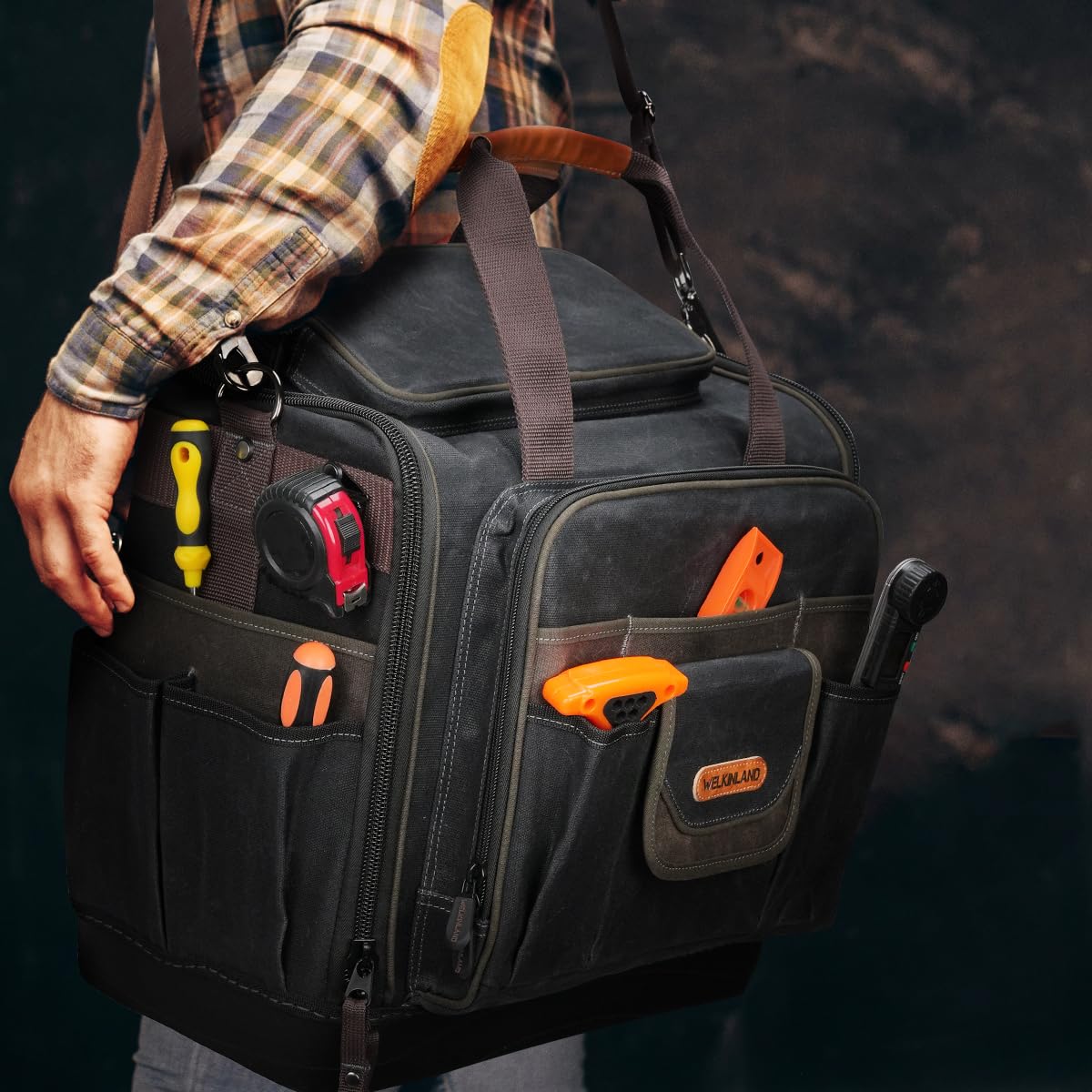 WELKINLAND 54Pockets Electrician Tool Bag, Heavy-Duty Hard Bottom Tool Bag, WaterProof Waxed Canvas Tools Bag, Technician Tool Bags, HVAC Tools Bag For professionals