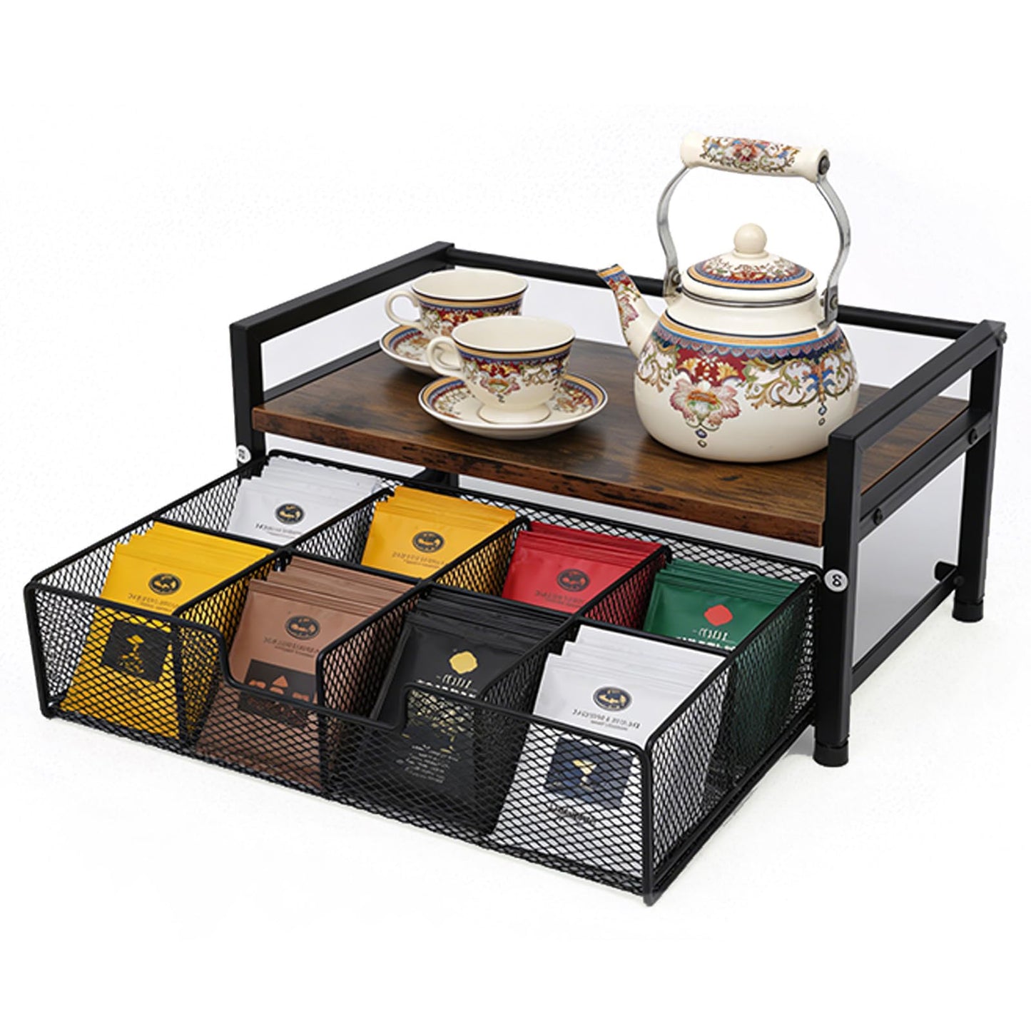 Tea Bag Holder, Tea Bag Organizer and Storage with Drawers, Tea Bags Organizer Natural Wood & Metal with 8 Compartments, Multi-Purpose Tea Rack Teabag Station Chest for Countertop, Kitchen, Office