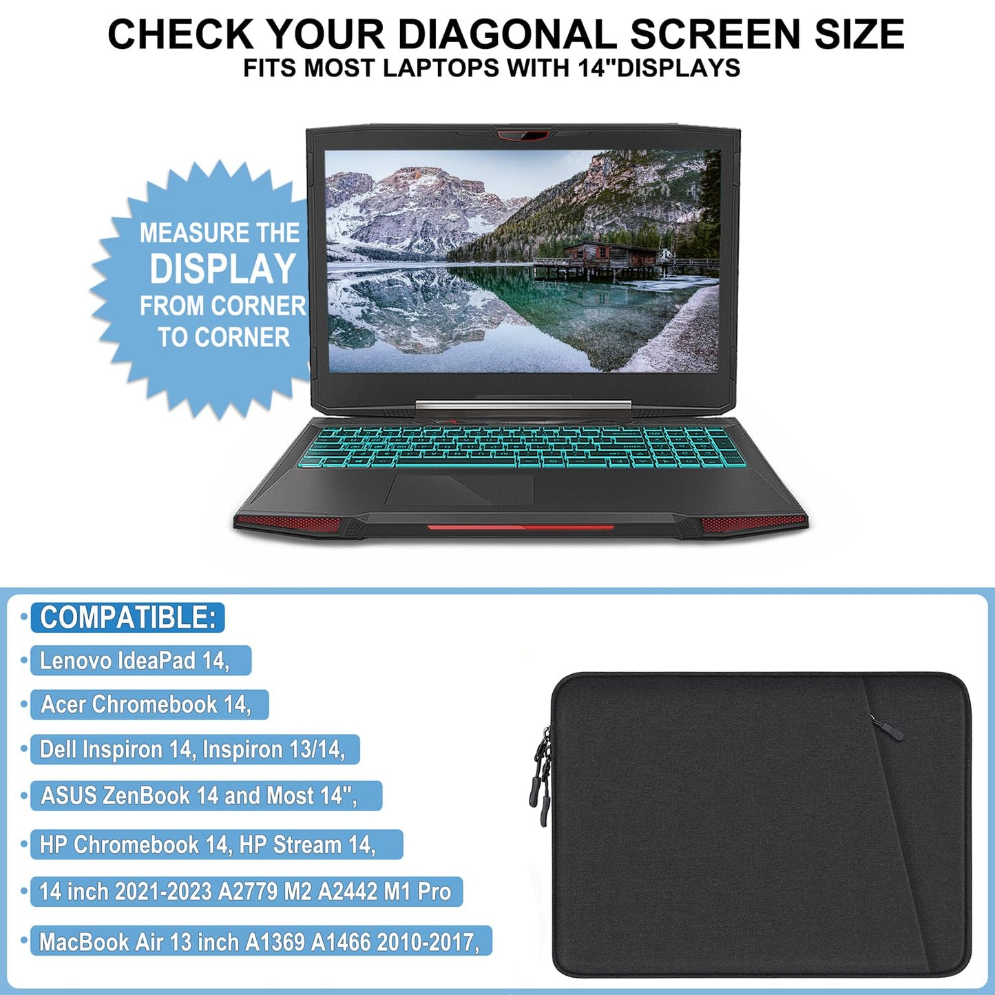 Laptop Sleeve Bag 14 inch, Shockproof Protective Computer Cover with Accessories Pocket, Portable Laptop Case Compatible for 14 inch MacBook Air/Pro, Dell, HP, Acer, Asus, Lenovo, Black