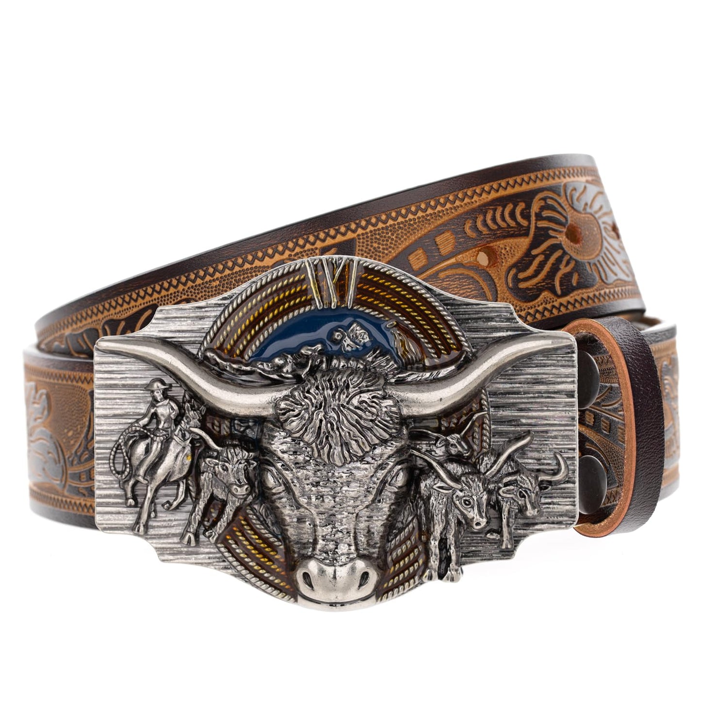 Evbopa Men's Western Cowboy Belt Mens Engraved Buckle Leather Belts for Jeans
