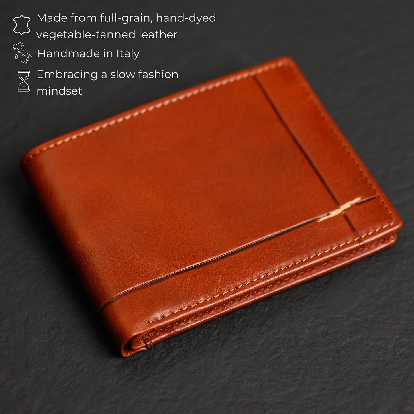 Time Resistance Leather Wallet – Italian Handmade Minimalist Billfold for Cards and Cash – Slim Full-Grain Leather Wallet (Cognac)