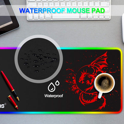 RGB Gaming Mouse Pad Anime Dragon Mousepad Mat LED with 15 Lighting Modes for Computer 31.5 X 12 Inch (Red)