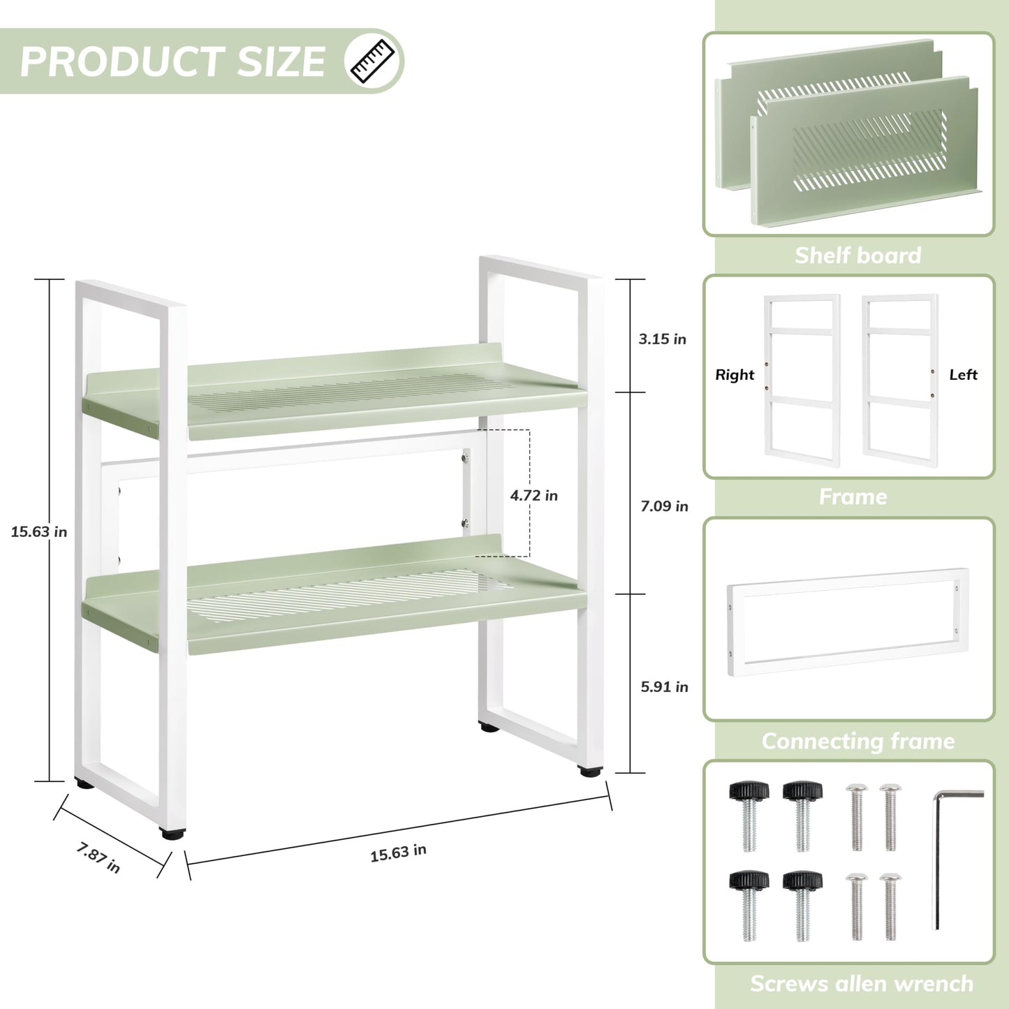 Brakki Desk Shelf Organizer, Adjustable 2 Tier Metal Desktop Shelves, Desktop Bookshelf Organization with Foot Mat, Multi-Functional Small Storage Rack for Office Dorm Home, White and Green