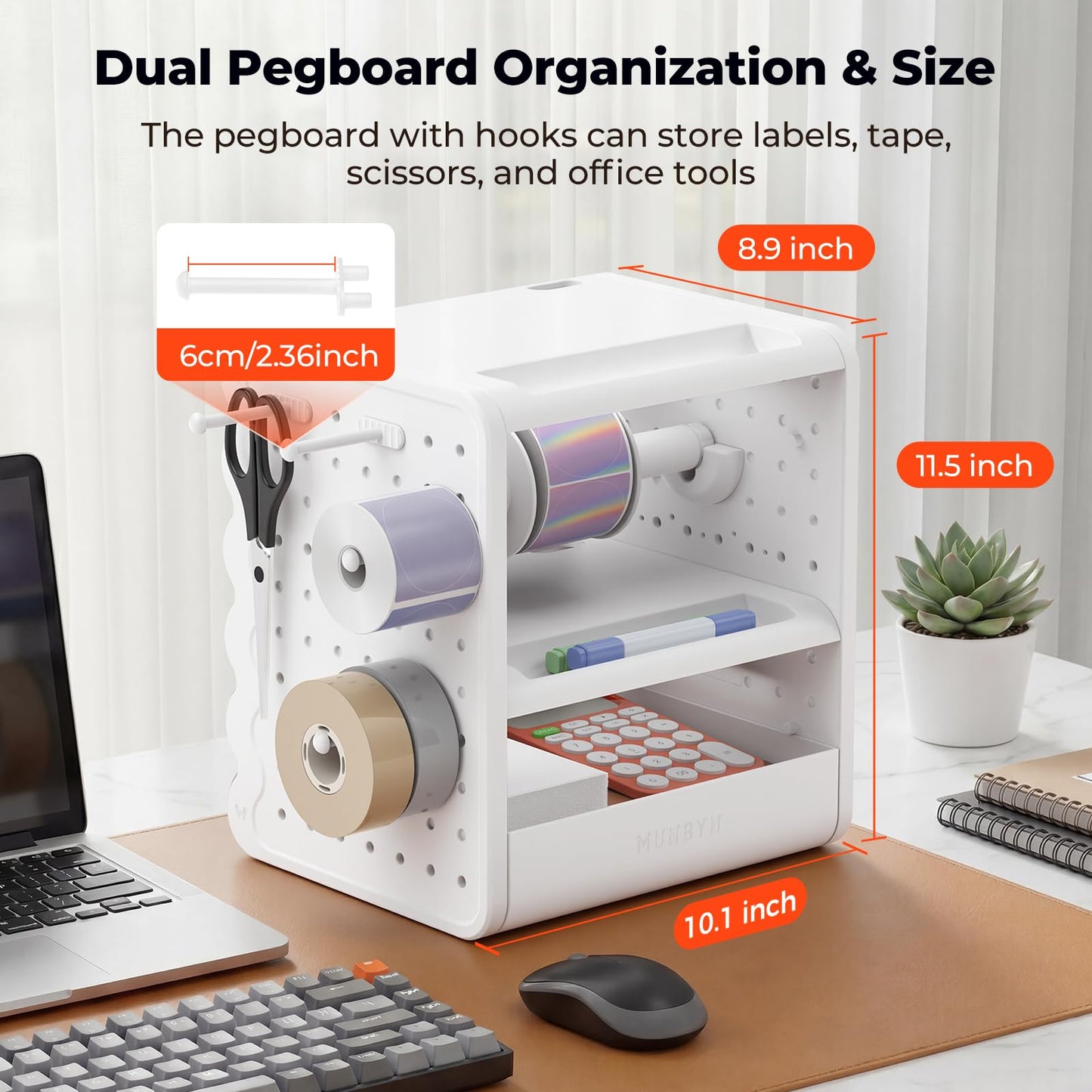 MUNBYN ILH03 4x6 Thermal Label Holder, 5-in-1 Sticker Holder with 3-Tier Shelf, Drawer, Hooks & Pegboard, for Shipping Label Printing, Office, Small Business, Home