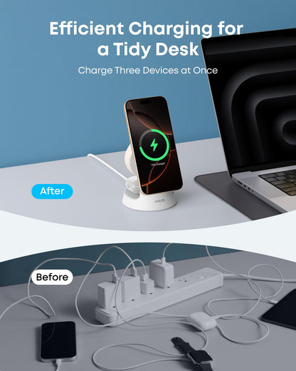 Anker MagSafe Charger Compatible, MagGo 3-in-1 Charging Station, Nano Charging Stand, Qi2 Certified 15W Magnetic Wireless Charger Dock, for iPhone17/16/15/14, Apple Watch,AirPods (Adapter Included)
