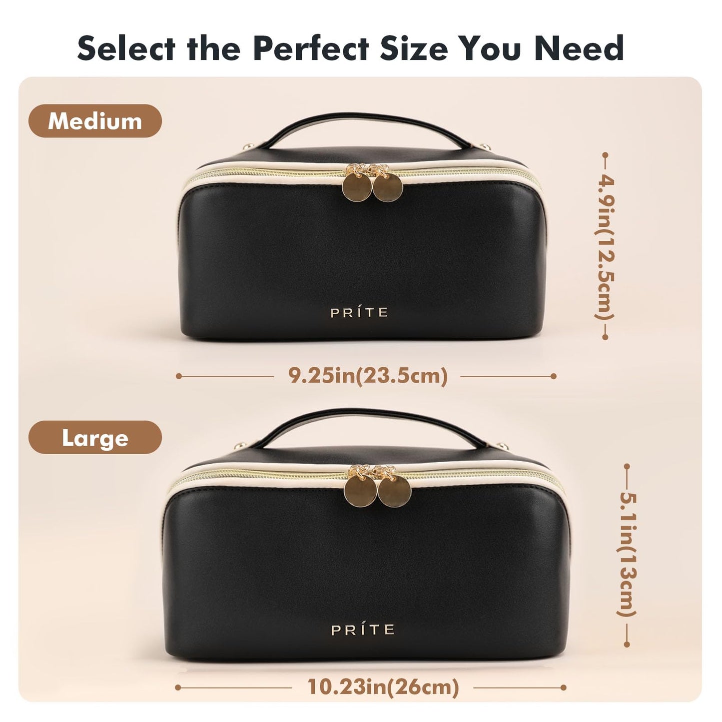 Prite Makeup Bag for Women Travel Waterproof Vegan Leather Cosmetic Bag Open Flat Toiletry Bag With Clear Divider and Handle (Black, Medium)