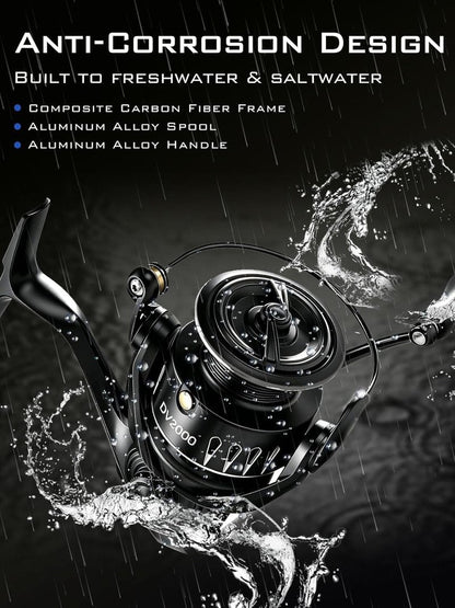 Lightweight Spinning Fishing Reel - Sealed Carbon Fiber, 20 LB Max Drag | 5.2:1 Gear Ratio, CNC Aluminum Spool, 1000-5000 Series