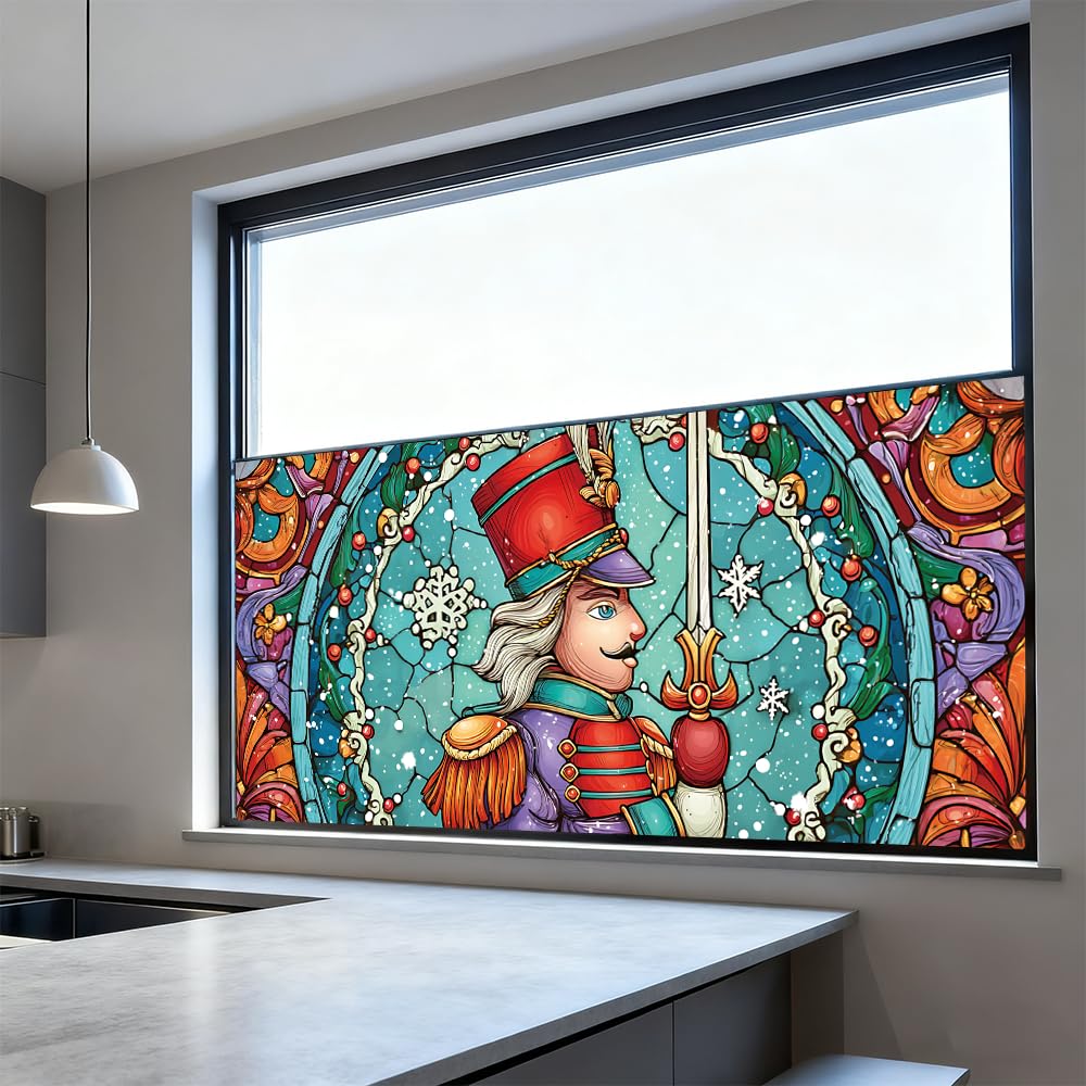 WDESYADMS Window Film 39.4×17.3 Inch PVC Stained Glass Style Winter Holiday Toy Soldier Design Decorative Window Film for Privacy Seasonal Home Window Covering