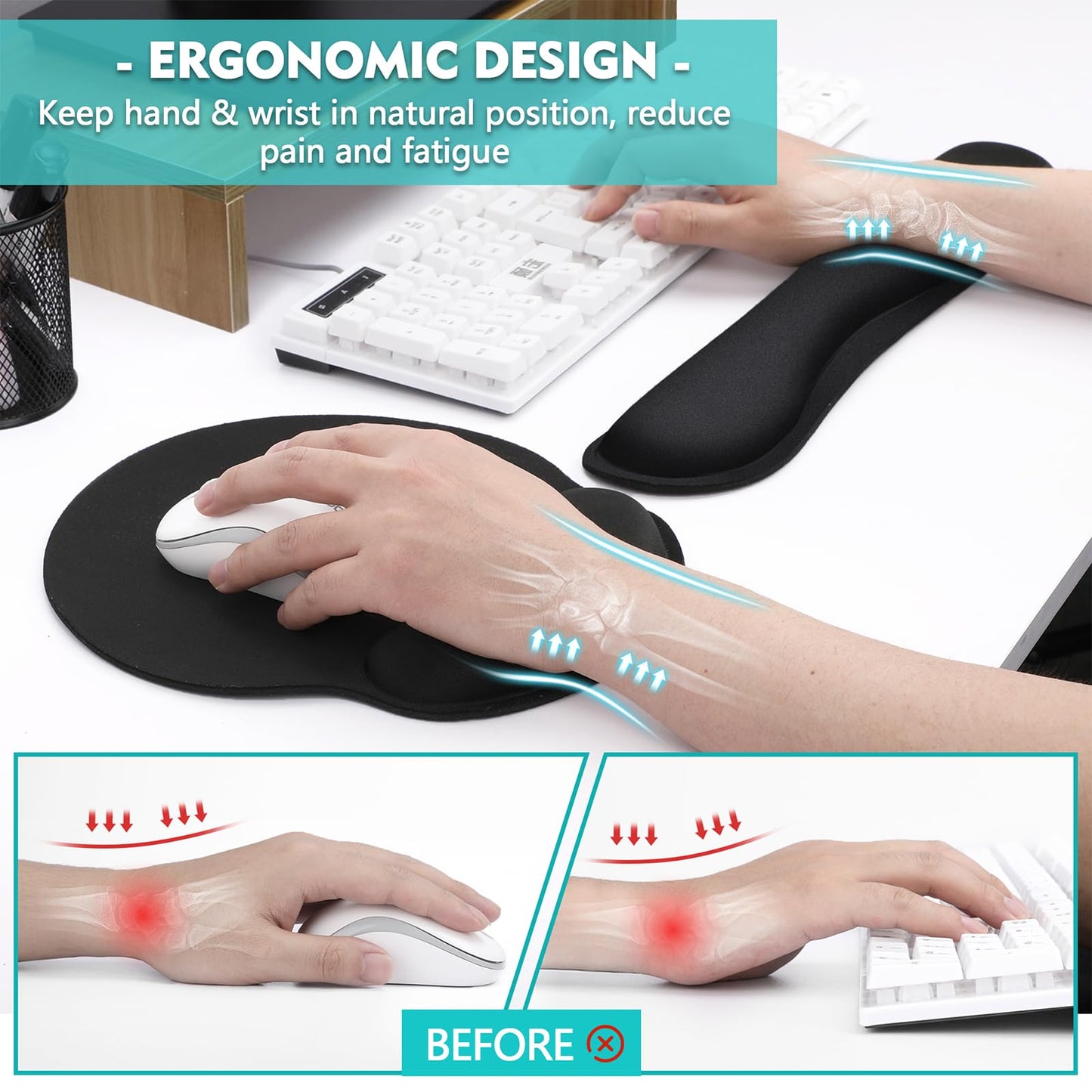 Mouse Pad and Keyboard Wrist Rest- Ergonomic Wrist Rest for Computer Keyboard and Mouse Pad, Memory Foam Wrist Support for Comfy Typing, Ideal for Laptop, Office, Gaming
