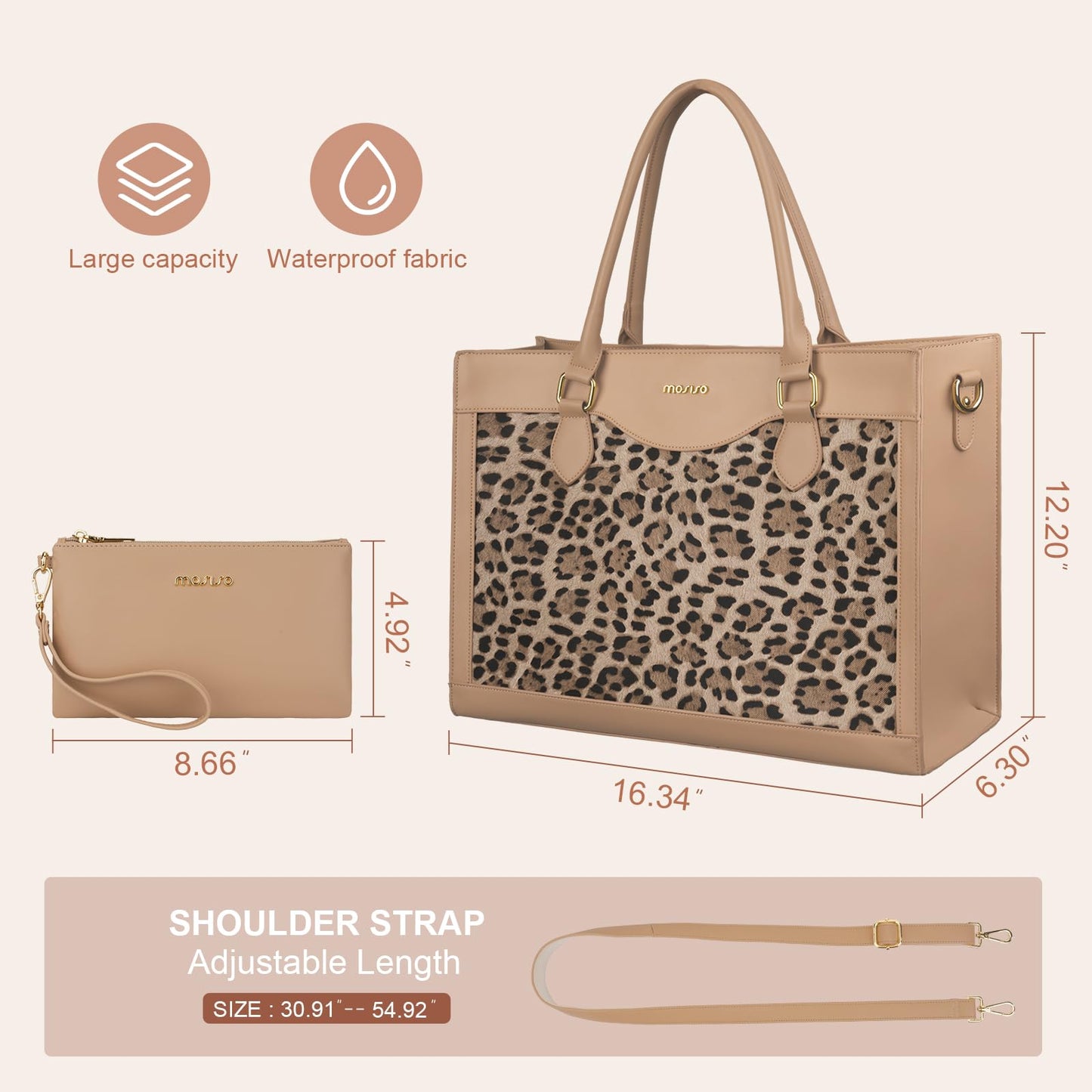 MOSISO Laptop Tote Bag with Large Capacity, 15.6 inch PU Leather Leopard Grain Laptop Bag for Women & Clutch Purse, Waterproof Computer Bags Work Briefcase for Business Teacher Office College, Apricot