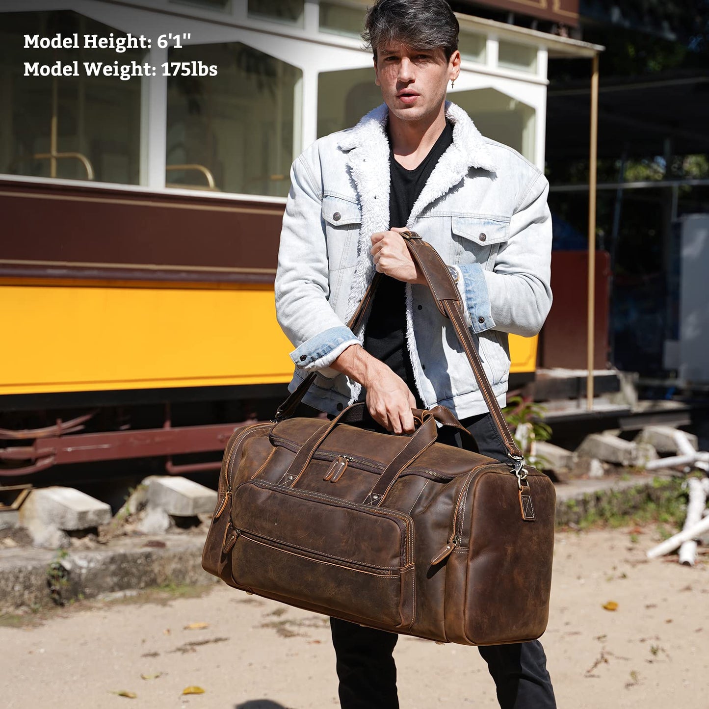 Polare 26" Full Grain Cowhide Leather Gym Duffle Weekender Overnight Travel Duffel Bag For Men 62L