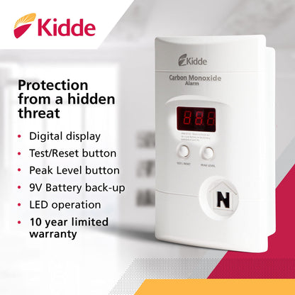 Kidde Carbon Monoxide Detector, Plug-In with 9V Battery Backup, Digital Display, 85 dB Alarm, LED Status Light Indicators, 3rd Edition