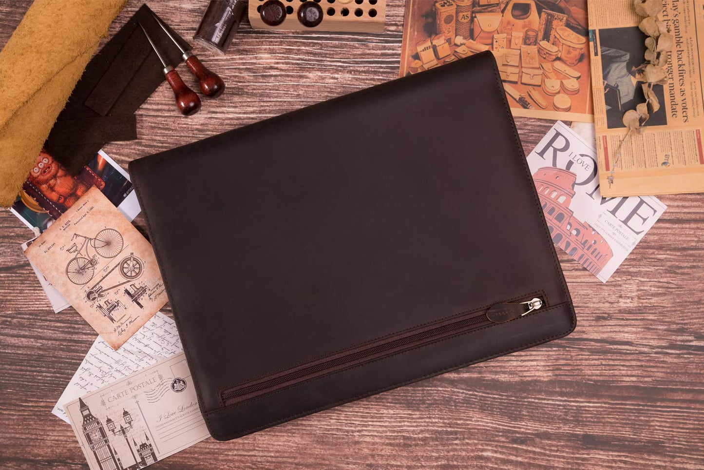 Gavarnie Genuine Leather Professioal Business Portfolio Padfolio Folder with Zipper for Men and Women,Work Portfolio for Letter Size Notepad, for Meeting and Travel, Dark Brown