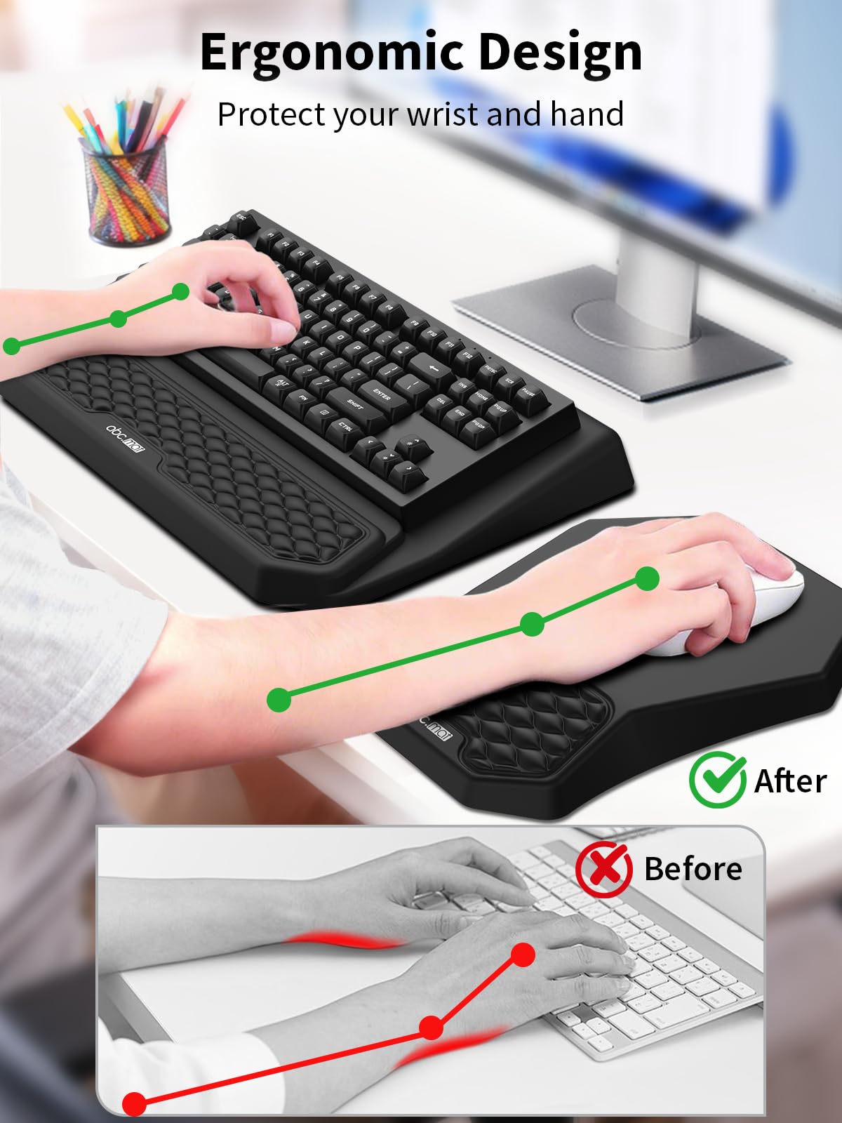 3-in-1 Ergonomic Keyboard Stand with Wrist Rest & Mouse Pad Set, Comfy Keyboard Riser Holder Soft Mousepad with Massage Design, Memory Foam and Non-Slip PU Base for Pain Relief, Black