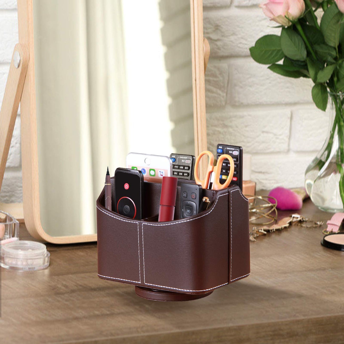 YAPISHI Leather Remote Control Holder, 360 Degree Spinning Desk TV Remote Caddy/Box, Coffee Table Organizer for Controller, Media, Calculator, Mobile Phone and Pencil Storage