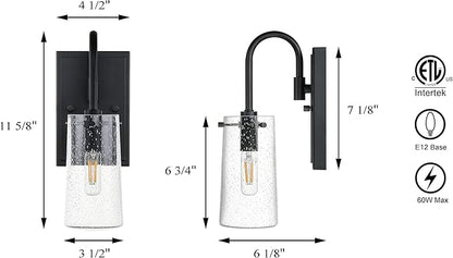 XiNBEi Lighting Wall Sconce, Industrial 1 Light Vanity Sconce Light Seeded Glass Bathroom Wall Light Matte Black Finish XB-W1283-1-MB