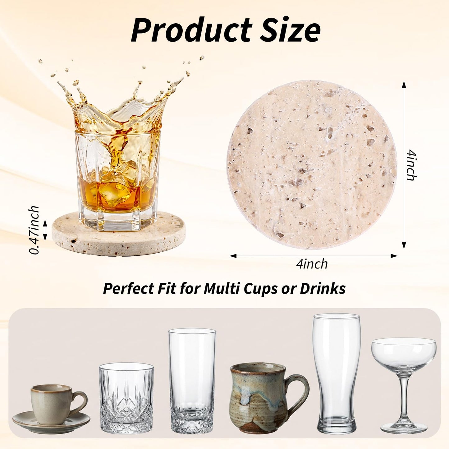 Giloaou Travertine Coasters Set of 4, Marble Absorbent Coaster with Non-Slip Cork Backing, 4'' Round Stone Drink Coasters for Home & Office - Protect Tables from Stains & Scratches