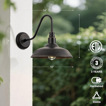 10in Dome Gooseneck Outdoor Light Fixture Bronze Exterior Barn Porch Door Light Fixture with Wall Mount 2 Pack Farmhouse Outside Garage Barn Wall Sconce Light for Balcony, House, Patio