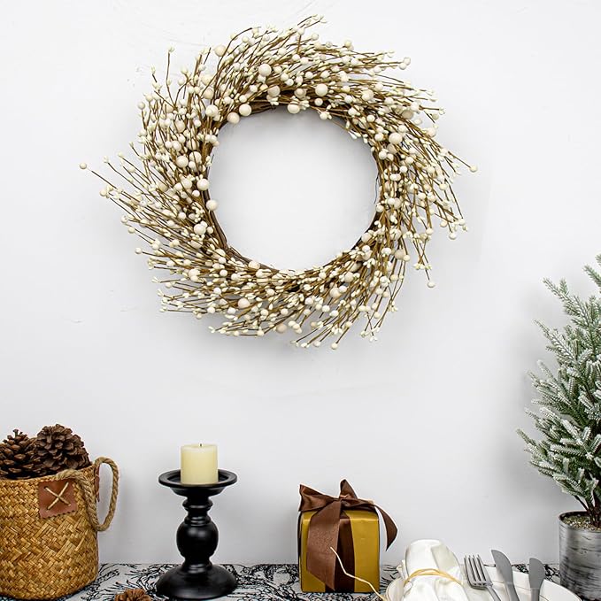 Artificial Winter Wreaths for Front Door 20 Inches White Wreath Rustic White Berry Twig Wreath for Indoors Porch Windows Wall Outdoor Christmas Celebration