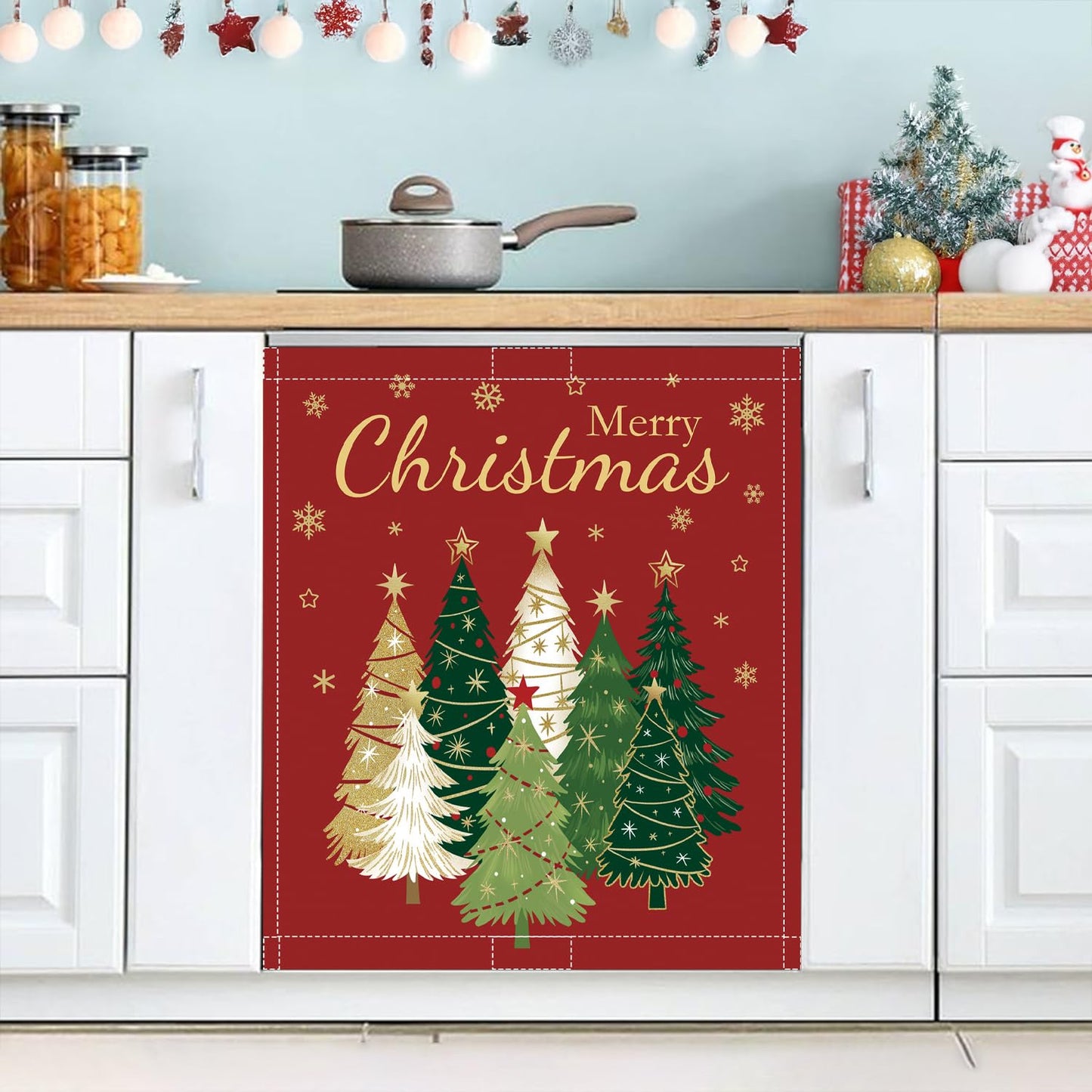 Christmas Tree Magnet Cover 23x26in Merry Christmas Dishwasher Cover for Washers Fridge Panel, Gold Snowflake Magnetic Covers for Kitchen, Reusable Cover, Christmas Holly Evergreen Kitchen Decor