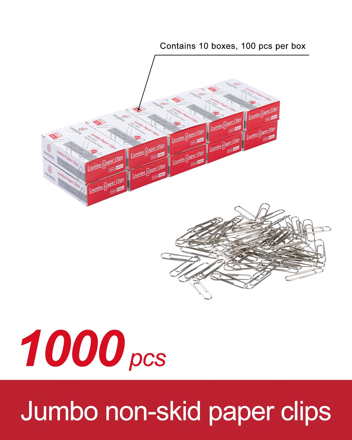 PAPERPAL Paperclips for Office School & Personal Use, Jumbo Nonskid Paper Clip (2"), 1000 Large Paper Clips (10 Boxes of 100 Each), Silver