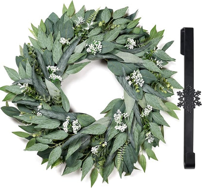 24" Wreaths Front Door Artificial Spring Wreath - Artificial Floral Lush Summer Wreath with A Hook & DIY Decor Green Year-Round Indoor Outdoor for Wall, Home, Wedding, Party, Christmas (Green)