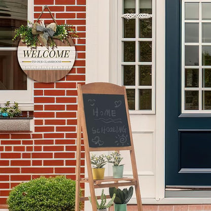 Welcome Sign for Classroom Door Welcome to Our Classroom front Door Sign with Wreath Teacher Round Hanging Wooden Plaque with Bow Decoration Welcome Back to School Wall Signs Porch 12×12 Inch