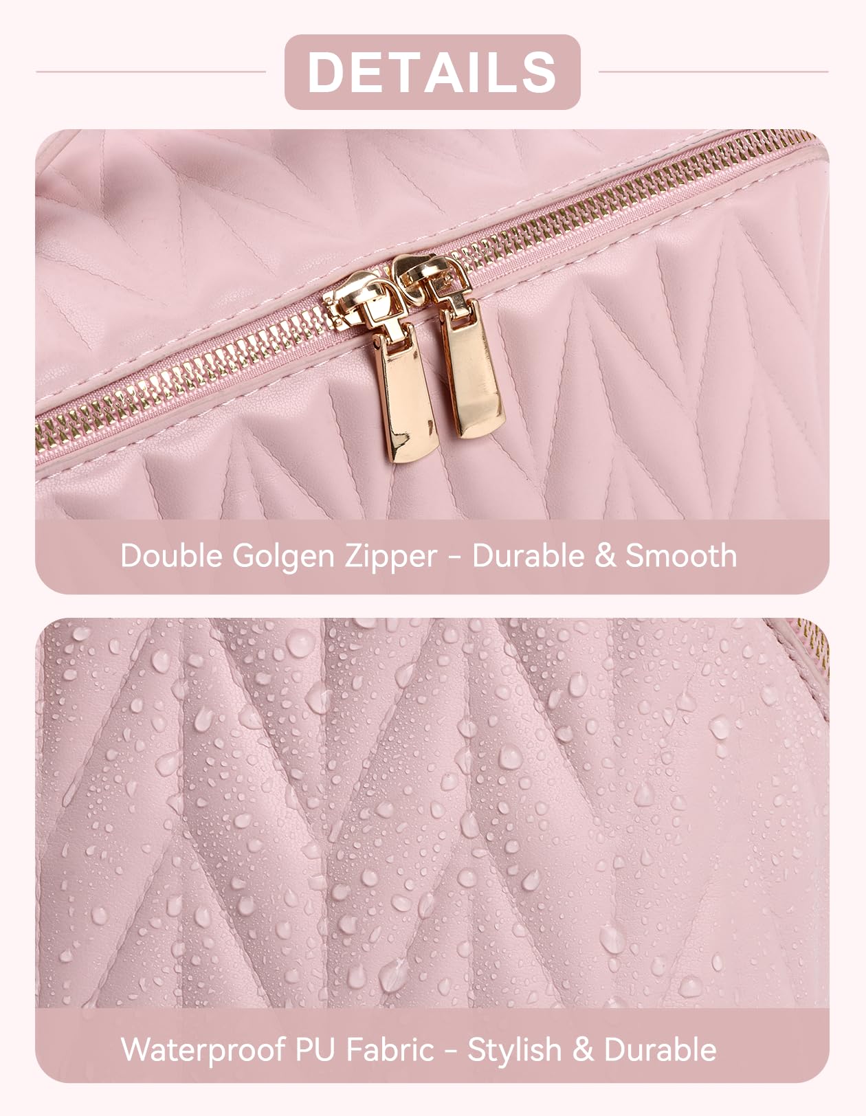 VIDIBESTY Travel Makeup Bag for Women, Large Capacity Cosmetic Bags for Girls, Compact Pouch Make up Organizer, Waterproof Toiletry Bag with Divider and Handle (Pink)