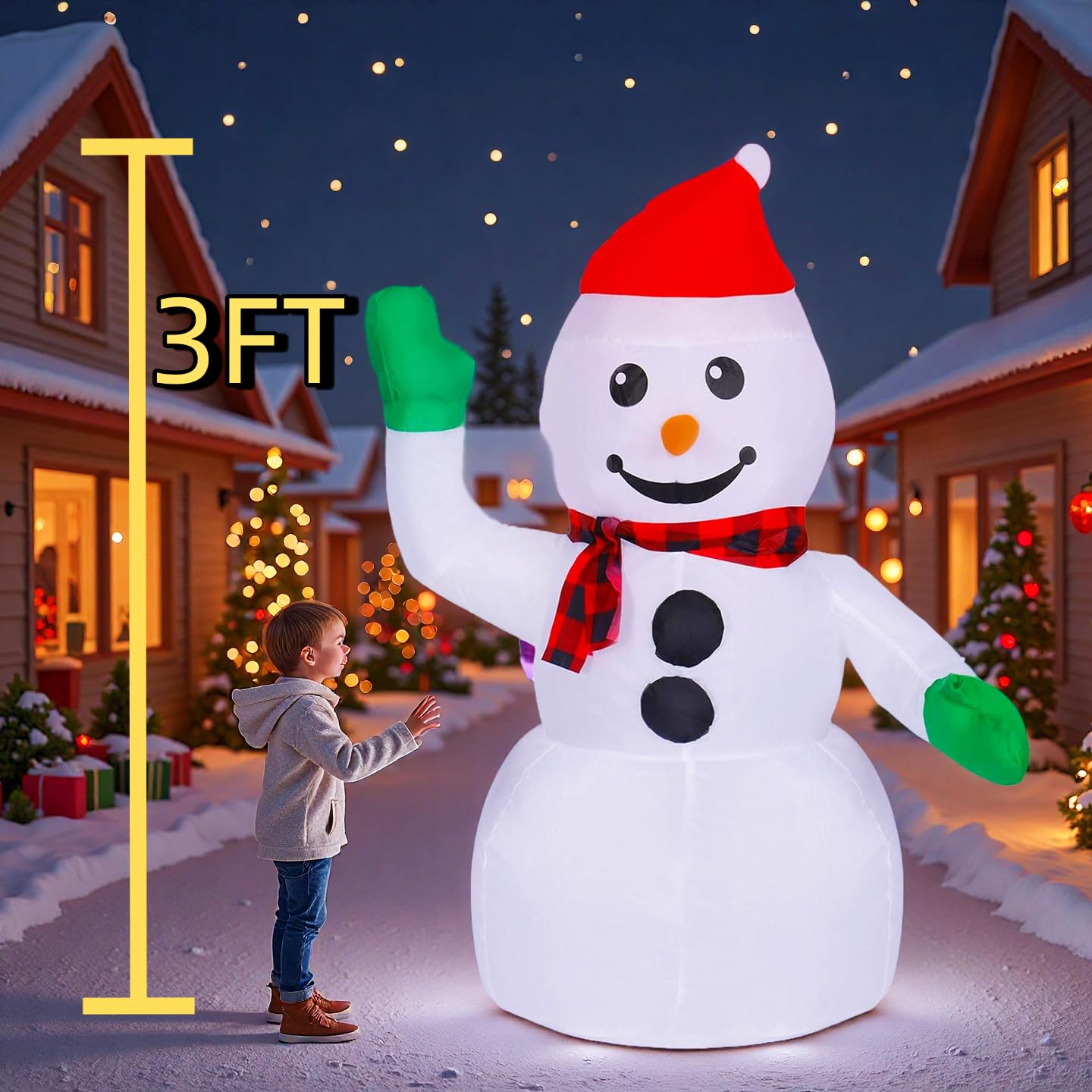 3FT Christmas Inflatable Outdoor Decorations Snowman with Red Hat, Blow up Yard Decorations with Built-in LED Lights for Xmas Party Outside, Yard, Garden, Lawn Decor