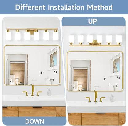 Brushed Gold Bathroom Vanity Light,6-Light Bathroom Light Fixtures with Square Frosted Glass,Gold Bathroom Wall Lamp Sconces for Mirror Bedroom,Living Room Hallway,E26
