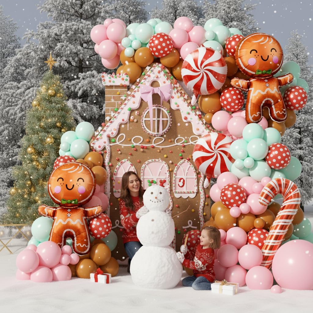 PTGOLUO 160Pcs Christmas Balloon Arch Garland Kit Xmas Pastel Pink Green Brown Latex Balloons Gingerbread Man Candy Cane Foil Balloons Arch Kit for Christmas New Year Party Birthday Party Decorations