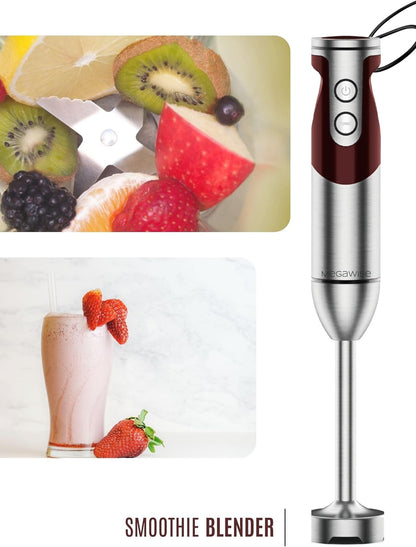 3- in-1 Immersion Hand blender, Powerful MOTOR & Stainless Steel Stick Blender, 4 Sharp Blades with Whisk, Milk Frother Attachments