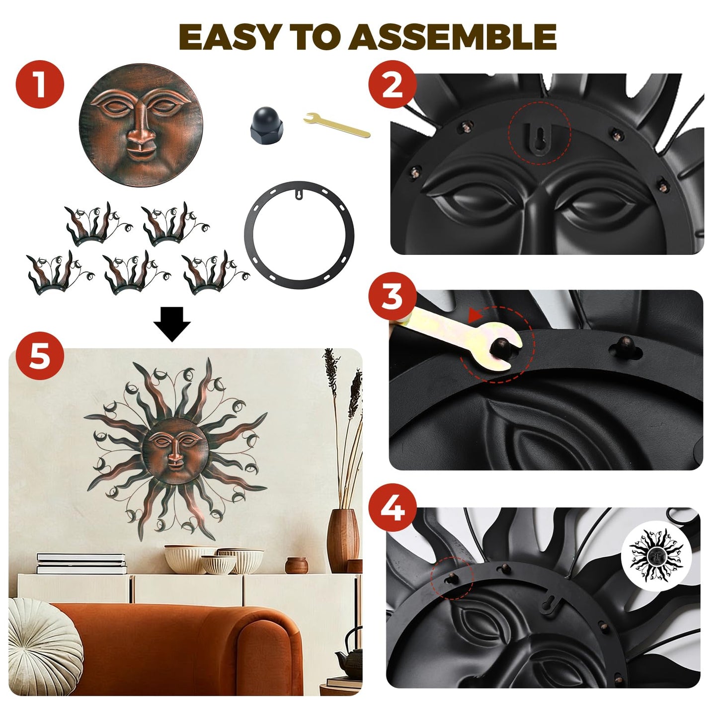 VESTCDF Outdoor Metal Wall Art Metal Sun 28" Metal Wall Art Sun Outdoor,Large Wall Decorations for Garden, Sun Wall Art Metal Sun Face Art (Moon)