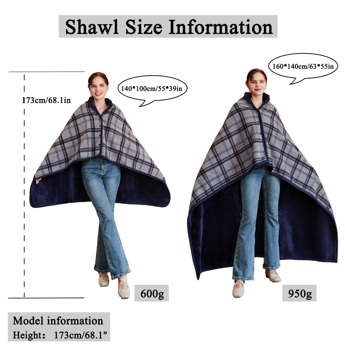 forestfish Fleece Wearable Blanket, Plaid Lap Blanket Comfy Poncho Throw with Buttons for Bed Sofa Office, Navy-Gray