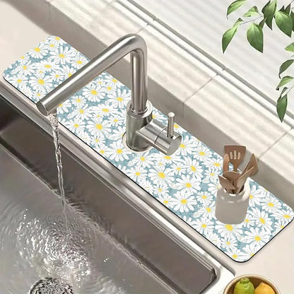 White Flower Sink Faucet Absorbing Mat Cute Chamomile Super Absorbent Fast