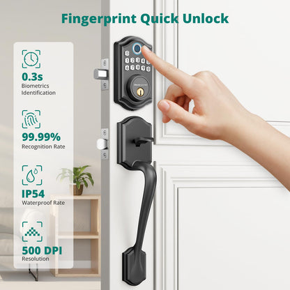 Keyless Entry Door Lock with Handle Set - Fingerprint Door Locks, Electronic Keypad Deadbolt, Smart Locks for Front Door, Auto-Lock & One Touch Locking, Easy Installation - Satin Nickel