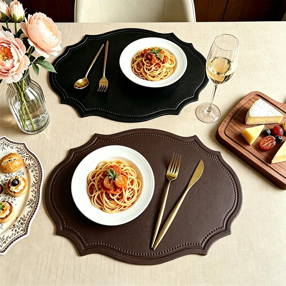 Double-Texture Faux Leather Oval Placemats Set of 6 Washable Heat Insulation Mats Watertight and Non-Slip for Home Kitchen 、Coffee Shops、Restaurants(Brown)