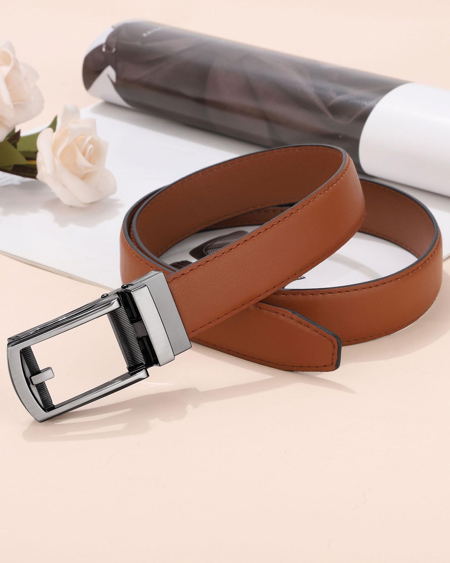 AWAYTR Boys Ratchet Belt for Kids - Brown and Brown Leather Belts for Dress Pants Uniform Jeans (80cm,Gunmetal-Brown)