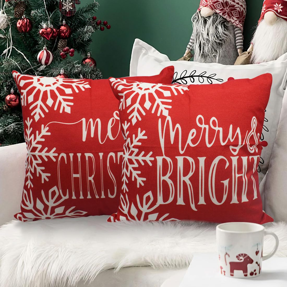 PSDWETS Merry Christmas Pillow Covers 18x18 Set of 4 Christmas Decorations Snowman Santa Claus Wreath Christmas Tree Winter Holiday Decor Throw Cushion Case for Home Couch